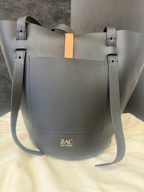 ZAC Zac Posen Beige Leather Bucket Tote with Black and Tan Strap